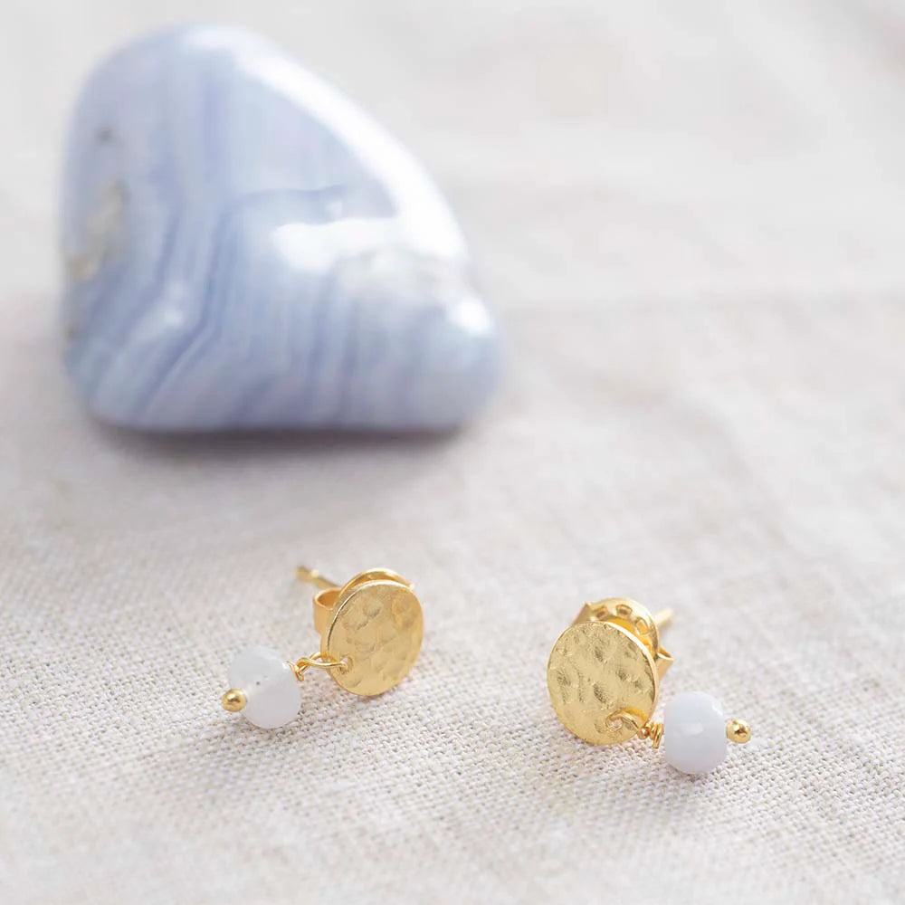 Mini Coin Blue Lace Agate Gold Earrings
