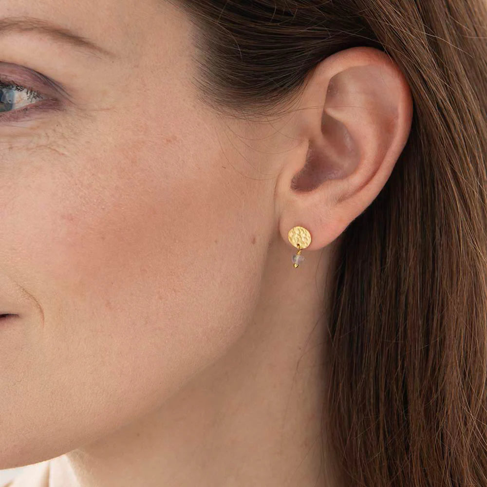 Mini Coin Blue Lace Agate Gold Earrings