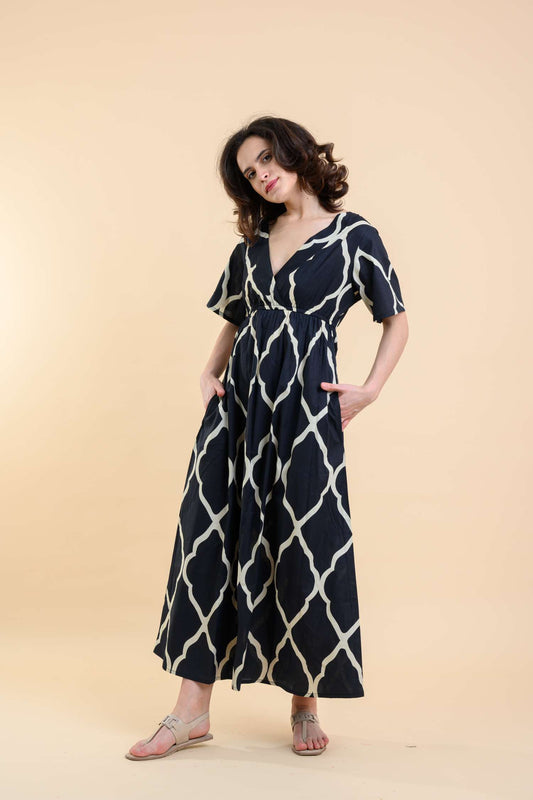 Fit: Regular
Length: Long
Composition: 100% cotton
Colour: Black
Dress with black and beige patterning. Ankle length with 3/4 sleeves. Open V front and gathered in at the waist. 

The Beach House Boutique, Rock, Cornwall. 
