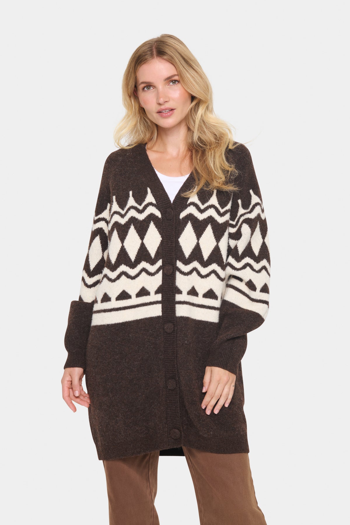 This long cardigan features a soft geometric pattern in chocolate shades, with a button-down front and a relaxed fit. The cosy knit fabric and deep V-neckline make it perfect for layering during cooler days.

Fit: fit
Sleeves: Long sleeve
Fabric 74% Acrylic, 22% Polyester, 4% Elastane
Colour: Chocolate
The Beach House Boutique, Rock, Cornwall. 