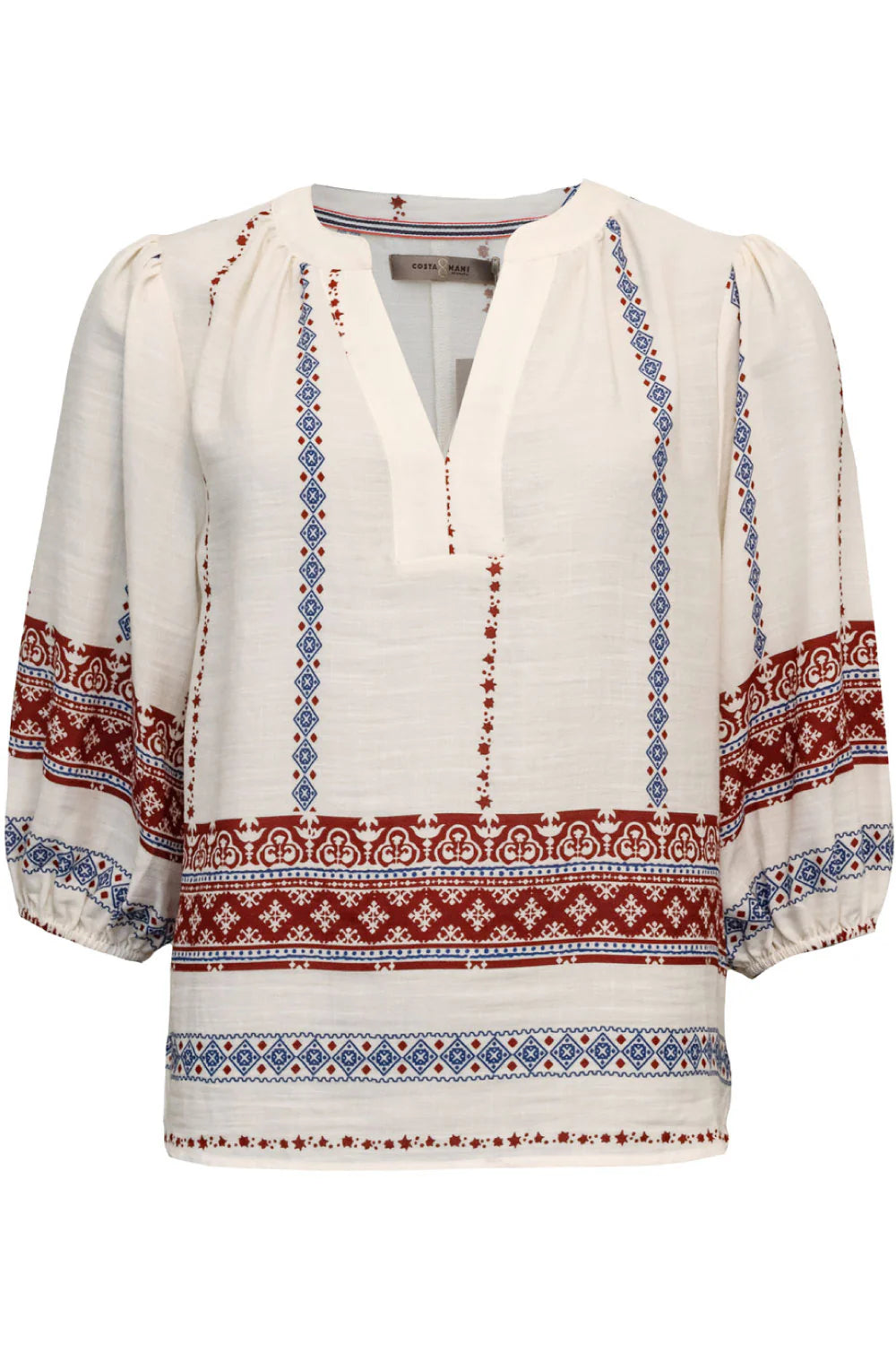 Light and feminine blouse, decorative embroidered patterns. V-neck, three-quarter-length sleeves with slight volume and a relaxed fit. 
Fit:Regular fit
Chest measurement: 105 cm
Sleeve length: 43 cm
Fabric Composition: 95%vis, 5%ele
Colour: Red blue
The Beach House Boutique, Rock, Cornwall. 