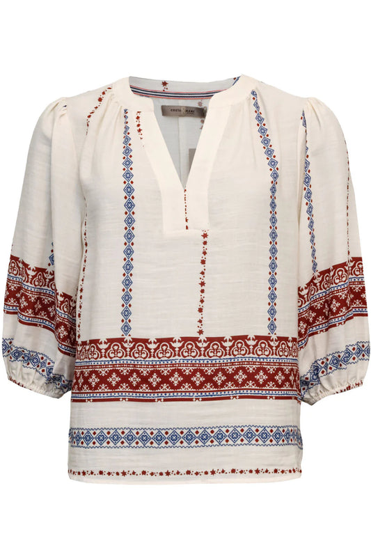 Light and feminine blouse, decorative embroidered patterns. V-neck, three-quarter-length sleeves with slight volume and a relaxed fit. 
Fit:Regular fit
Chest measurement: 105 cm
Sleeve length: 43 cm
Fabric Composition: 95%vis, 5%ele
Colour: Red blue
The Beach House Boutique, Rock, Cornwall. 