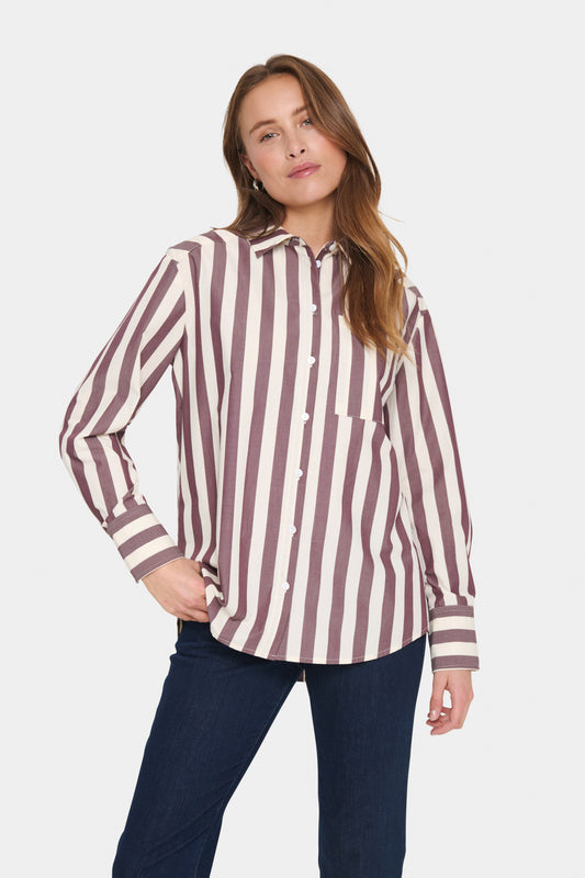 Long-sleeved shirt in cream with vertical burgundy stripes. Designed in a relaxed fit with a classic collar, front pocket, and button closure. Features wide cuffs with horizontal stripe detail.

Fit: Regular fit
Sleeves: Long sleeve
Fabric Composition: 65% Polyester, 35% Viscose
Colour: Chocolate
The Beach House Boutique, Rock, Cornwall. 