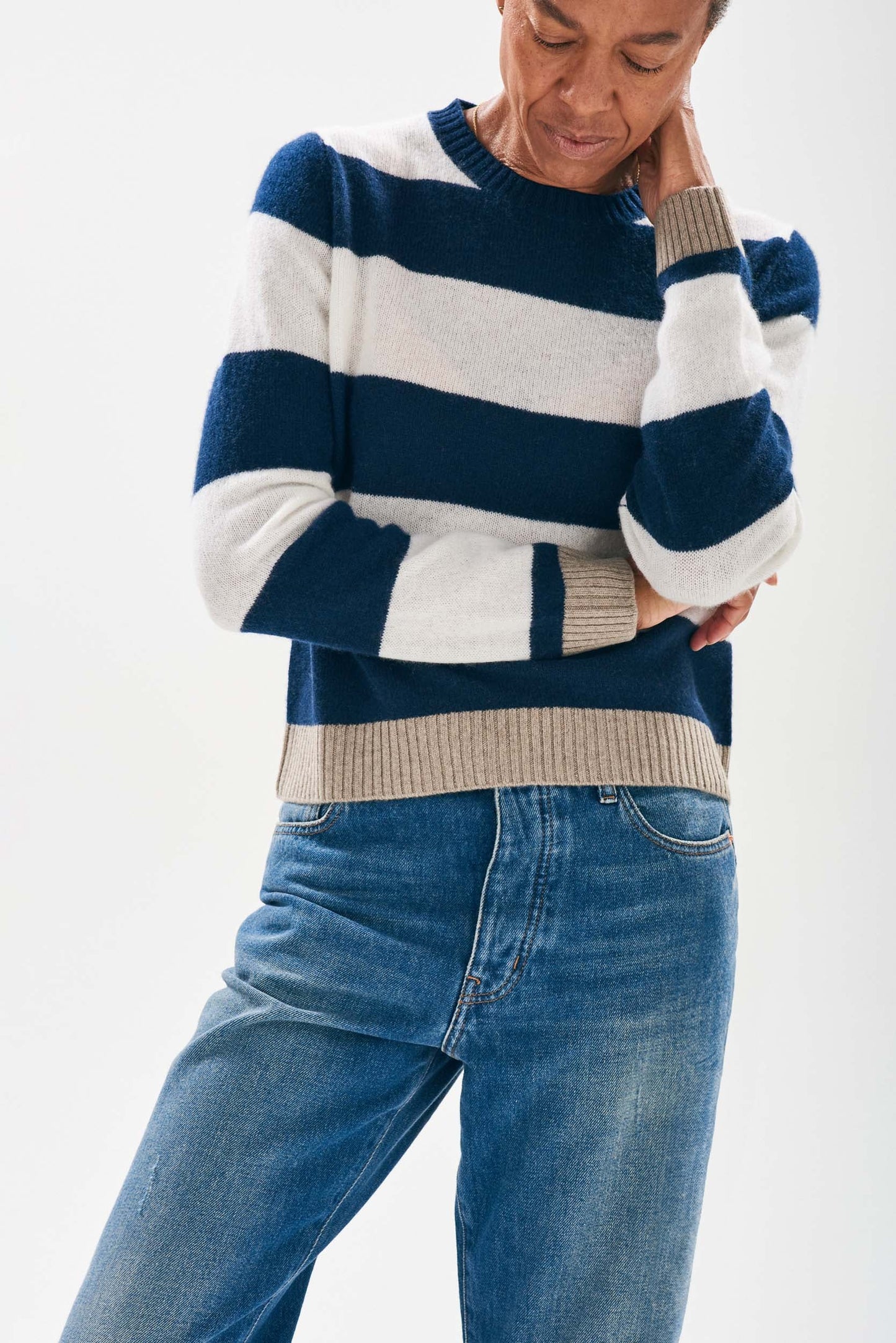 Cashmere Contrast Stripe Crew