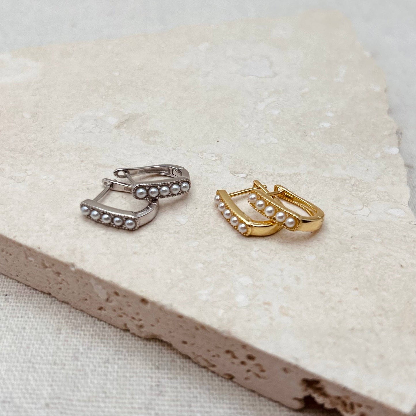 Pearl Huggie Hoops: Silver