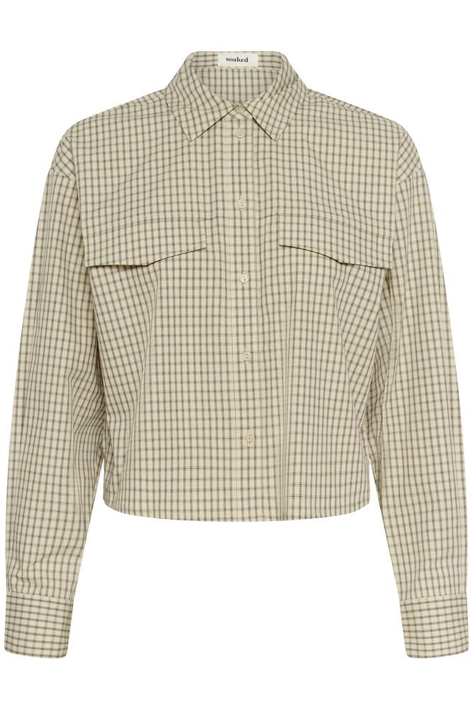 Short boxy style shirt, green and cream checkered design with two front pockets. 