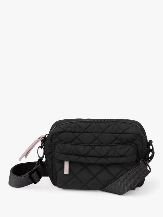 Bag: W24, H16, D12
Strap: Min – H77 x W3cm &amp; Max – H141 x W3cm
Quilted polyester fabric
Grey zip fasten with a pink PU zip pull
Black webbing adjustable and detachable strap
Front zip pocket with pink PU zip pull
Stripe print polyester lining
Black hardware

The Beach House Boutique, Rock Cornwall. 
