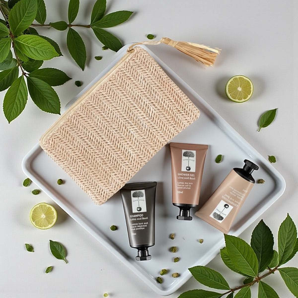 A beautiful textured pouch with waterproof liner filled with coordinating minis. Perfect for a night a weekend away or as a gift 