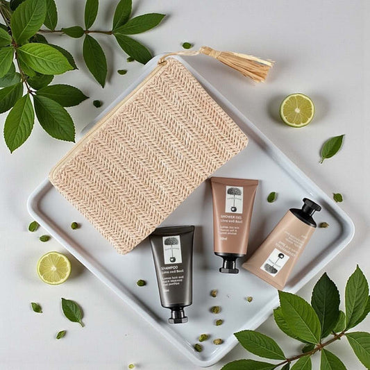 A beautiful textured pouch with waterproof liner filled with coordinating minis. Perfect for a night a weekend away or as a gift 